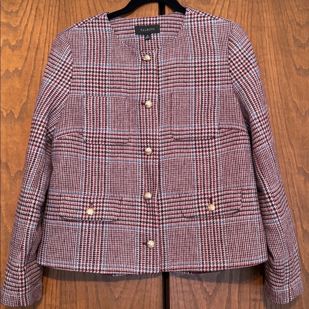 Talbots Women’s Blazer - Burgundy and Light Blue Plaid